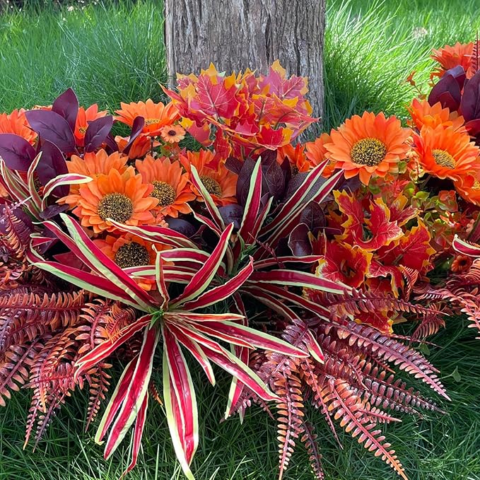 Artificial Sunflowers Flowers Faux Plants for Outdoor, 12 Bundles Fake Silk Realistic Greenery Bushes Look Real UV Resistant for Outside Planters Porch Pot Fall Decor