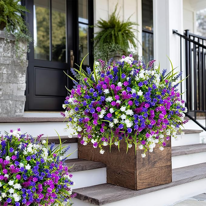 Artificial Flowers for Outdoors Fake Plants - 12 Bundles Faux Outside Greenery Boxwood No Fade Plastic Shrubs Home Decor Farmhouse Garden (Mixed, 3 Colors Magenta Purple White)