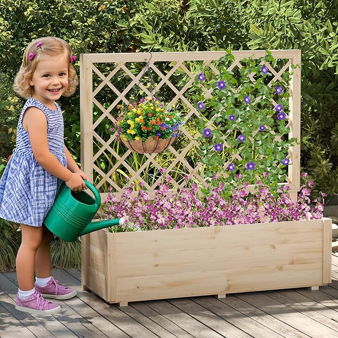 Giantex Raised Garden Bed with Trellis, Drainage Hole, Wood Elevated Planter Box for Climbing Vine Flower Herb Vegetable Fruit, Planting Container for Indoor Outdoor Patio Balcony (39”x14”x40”)
