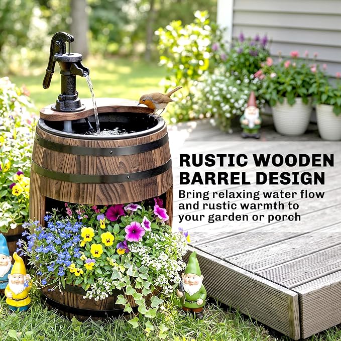 Outsunny 23" H Outdoor Water Fountain Wood and Plastic Rustic Apple Barrel Pump Garden Decor for Outside Backyard