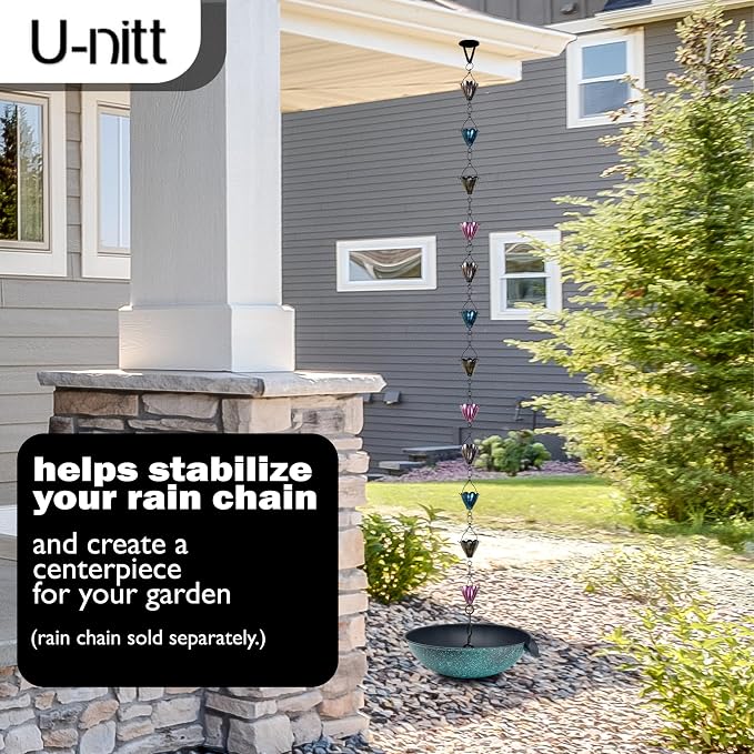 U-nitt 12" Spill Bowl Downspout Catch Basin for Rain Chain Anchoring & Stake | Rainwater Collection for Roof |Gutter Catch Basin | Good for Water Fountain & Birdbath | Black | Handles Heavy Rain