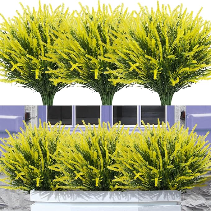 12 Bundles Fake Outdoor Flowers UV Resistant Plants Artificial Lavender Faux Plastic Shrubs Window Box Garden Porch Home Decor (Yellow)