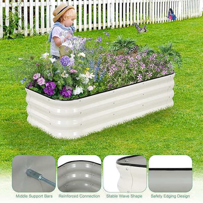 1MORE Raised Garden Bed -4X2X1 Galvanized Planter Box for Outdoor Gardening,3 in 1 Modular Raised Bed Kit with Protective Tape, Gloves for Herb，Ideal for Vegetables and Plants.White-1Pack