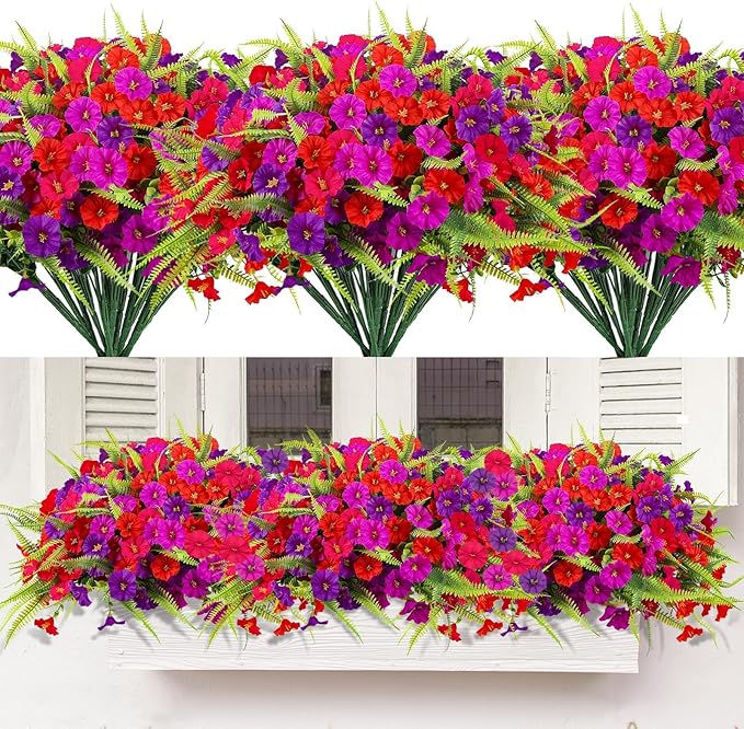 Artificial Flowers for Outdoors 12 Bundles Artificial Petunias Fake Flowers UV Resistant Shrubs Plants with Fern for Indoor Outside Hanging Planters Home Garden Spring Summer Decorations