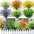 TURNMEON 20 Bundles Artificial Flowers for Outdoors, Spring Grass Camellia Fake Flowers Fern Plants Eucalyptus UV Resistant No Fade Greenery for Garden Porch Indoor Cemetery Summer Decor(Mix 6 Styles)