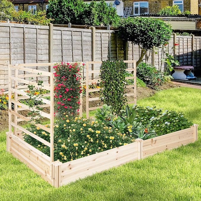 HAPPYGRILL Raised Garden Bed with 3 Trellises, Outdoor Wood Raised Bed w/ 2 Planter Boxes for Flowers, Vegetables, Fruits Climbing Vines, Elevated Garden Box for Yard Patio, 88" L x 45" W x 43" H