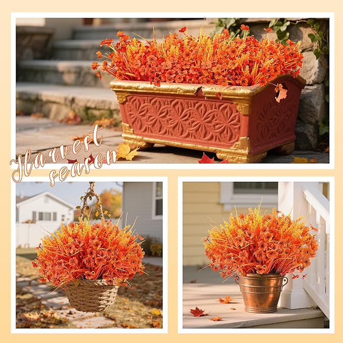 Der Rose 24 Bundles Fall Mums Artificial Flowers for Outdoor Fake Flowers Plants UV Resistant for Home Garden Porch Window Wedding Decor(Orange)