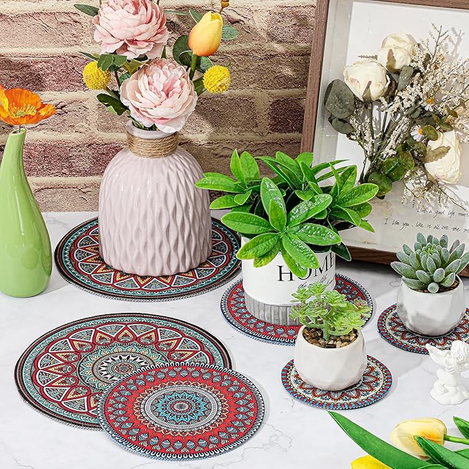 Nuanchu 6 Pcs Boho Plant Pot Mat 3 Sizes Absorbent Non Slip Pots Pad Round Plant Coaster Mat Gardening Indoor Outdoor Flower Plant Protect Mat