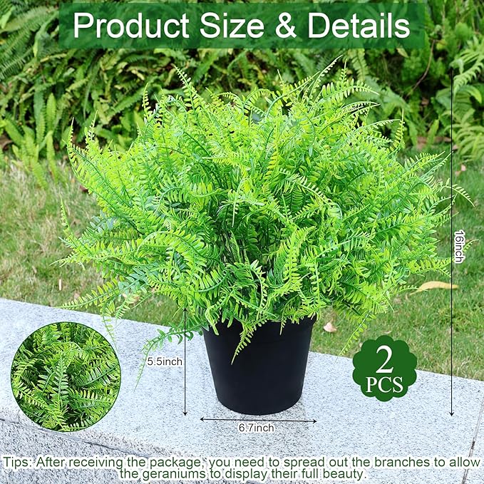 Set of 2 Large Potted Plants Artificial Ferns for Outdoor - Already Assembly Faux Ferns in Pots UV Resistant Realistic Fake Greenery Potted for Outdoor Home Office Patios Porches Yards Decor