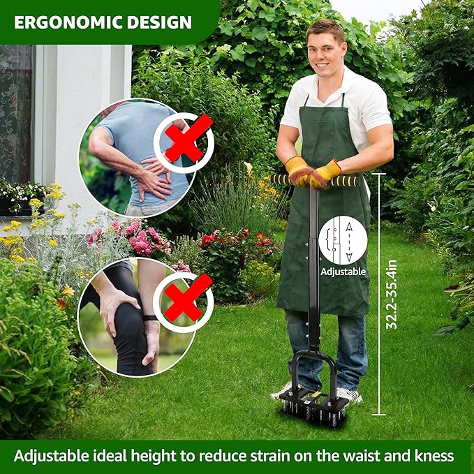 Lawn Aerator, Automatic Dirt and Leaf Clean Design, Reinforced Plastic Shell, Heavy Duty Manual Lawn Aerator Tool with 15 Iron Spikes, Height Adjustable Aerator for Lawn(Armor Black)