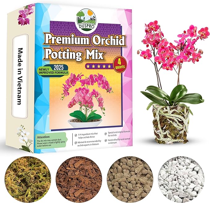 [Upgraded] DUSPRO Orchid Potting Mix for Repotting with Forest Moss, Pine Bark, Perlite & Pumice, Orchid Bark Potting Mix,Orchid Repotting Soil, Drainage Indoor Potting, Orchid Pot Not Included, 4 QT