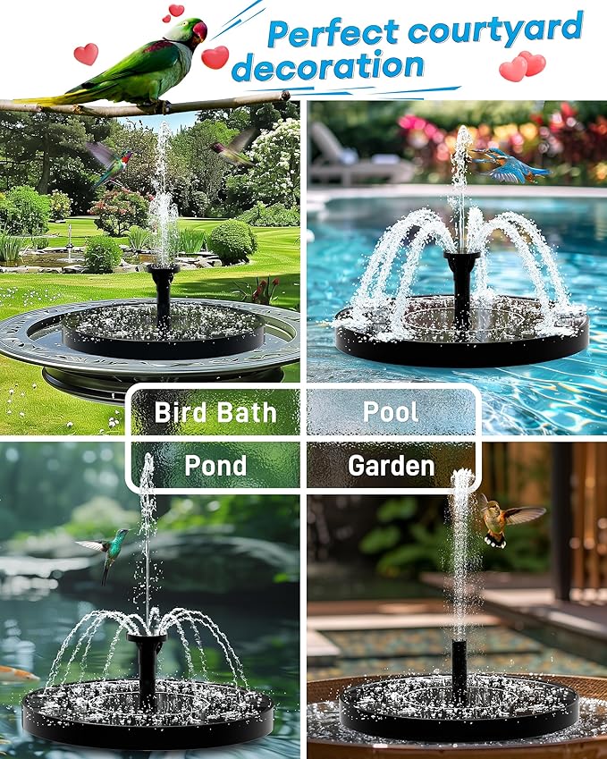 2.5W Solar Bird Bath Fountains– Upgraded Solar Pond Fountain with 6 Nozzles,Solar Fountain for Bird Bath, Pond, Garden Decor (Black)