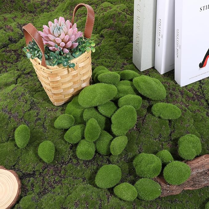 JJUNW 80Pcs Artificial Moss Rocks, Decorative Green Moss Balls, Fake Moss Rocks for Floral Arrangements, Fairy Gardens and Crafting