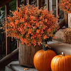 Artificial Fall Flowers Outdoor Fake Mums - 16 Bundles Fake Plants UV Resistant No Fade Faux Plastic Greenery Garden Porch Patio Fall Home Decor (Green Orange)