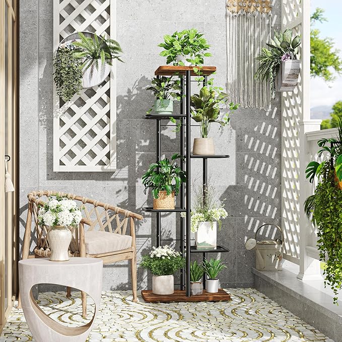 Simple Trending Plant Stand Indoor Outdoor, 6 Tier Plant Shelf, Tall Corner Flower Pot Holder, Metal Display Rack for Patio Balcony Living Room,Brown