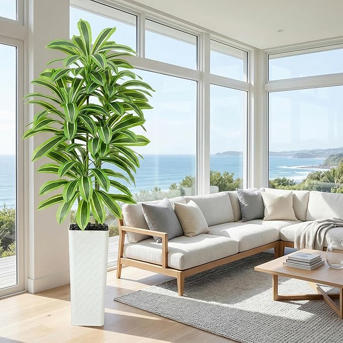Artificial Dracaena Tree：7FT Faux Silk Tropical Yucca Floor Trees Realistic Fake Green Plant with Natural Wood Trunk & Lifelike Leaves for Home Office Decor Indoor & Outdoor (7FT,1-Pack,White)