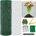 Plant Protectors from Animals, 16.4 x 16In Green PVC Coated Galvanized Chicken Wire Mesh Roll, 0.8mm Free-Cut Plant Cage with Ties, Stakes, Gloves, Pliers & Floral Wire (16.4Ft*20In)