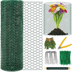 Plant Protectors from Animals, 16.4 x 16In Green PVC Coated Galvanized Chicken Wire Mesh Roll, 0.8mm Free-Cut Plant Cage with Ties, Stakes, Gloves, Pliers & Floral Wire (16.4Ft*20In)