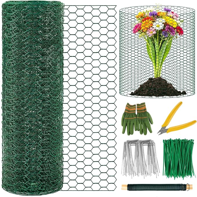 Plant Protectors from Animals, 16.4 x 16In Green PVC Coated Galvanized Chicken Wire Mesh Roll, 0.8mm Free-Cut Plant Cage with Ties, Stakes, Gloves, Pliers & Floral Wire (16.4Ft*20In)