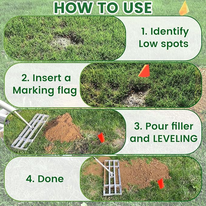 Lawn Leveling Rake 2.0, 2-in-1 Double-Sided Landscape Leveler with 20 Marking Flags for Low Spot, Heavy Duty Stainless Steel Flat & Serrated Side for Soil Sand Gravel, Yard Garden Golf Course 30"×10"
