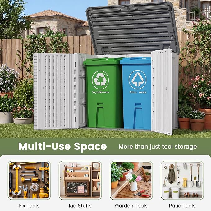UDPATIO 34 Cu.Ft Resin Outdoor Storage Shed, Patio Plastic Vertical Sheds with Floor, Waterproof Bin Shed Horizontal Storage Cabinet for Patio, Backyards, Garden, Pool, Tool Shed