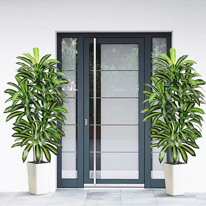 Artificial Dracaena Tree - 6FT Tall Fake Plants with White Tall Planter - Artificial Plants Indoor Floor Plant in Pot - Large Tropical Fake Yucca Potted Tree for Home Office Living Room Decor