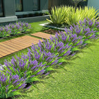 obbsie 12 Bundles Artificial Plants Outdoor, 18.2" UV Resistant Faux Monkey Grass Greenery Stems No Fade Faux Plastic Flowers Shrubs for Home Weddings Garden Porch Front Patio Office Decor - Purple