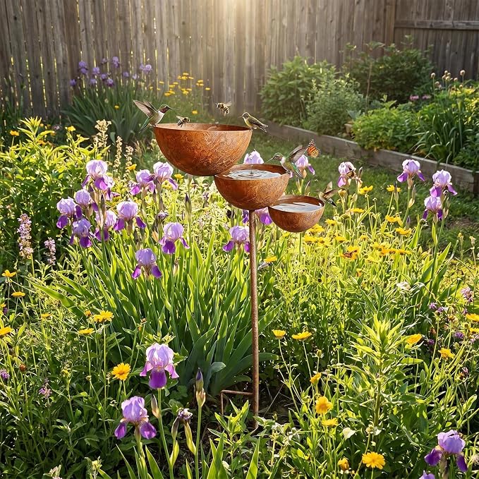 Metal Rainwater Collector Garden Stake, 3 Tier Cascading Bird Bath | 2026 New Outdoor Garden Decorative Flower Bed Rainwater Collector and Bee Watering Station 25inches 2pcs