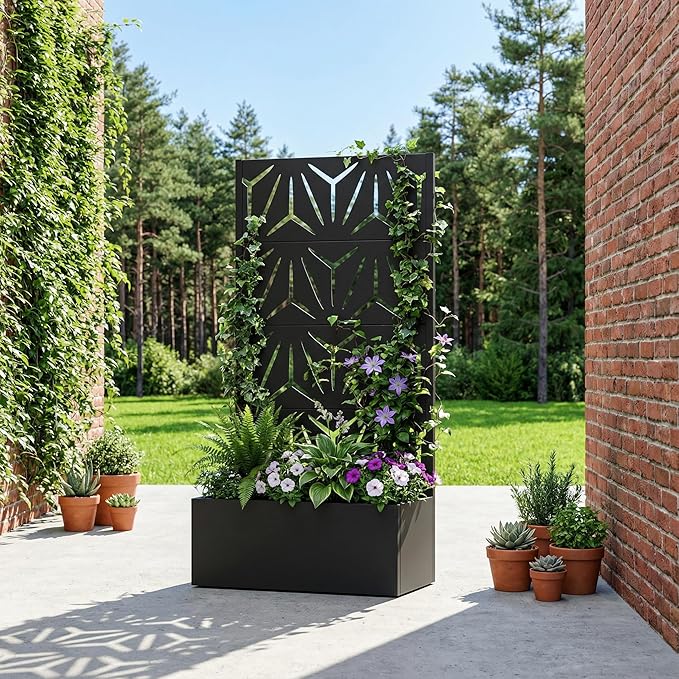 Casaphoria Metal Raised Garden Bed with Trellis, 59"x30"x12" Planter Box for Climbing Plants, Vegetables & Vines, Features Drainage Holes and Privacy Screen, Black-Star