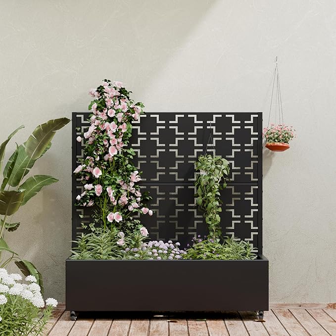 Casaphoria Metal Raised Garden Bed with Trellis and Wheels, 47"x47"x16" Planter Box for Climbing Plants, Vegetables & Vines, Features Drainage Holes and Privacy Screen (Black-Square)