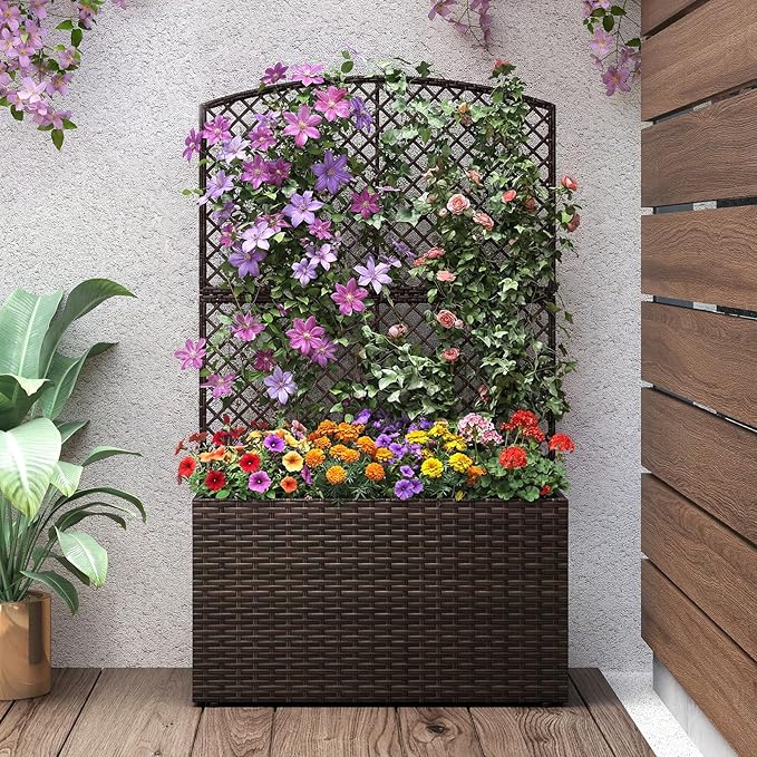HAPPYGRILL Raised Garden Bed with Trellis, Wicker Planter Box w/Privacy Screen, Liner, Drainage, Outdoor PE Rattan Elevated Garden Bed for Climbing Plant Vine Flower (1, Brown, 29" x 11" x 49")