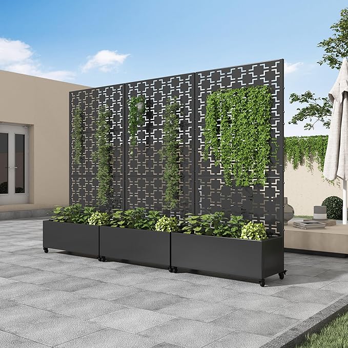 Casaphoria Metal Raised Garden Bed with Trellis and Wheels, 72"x35"x16" Planter Box for Climbing Plants, Vegetables & Vines, Features Drainage Holes and Privacy Screen, Black-Square