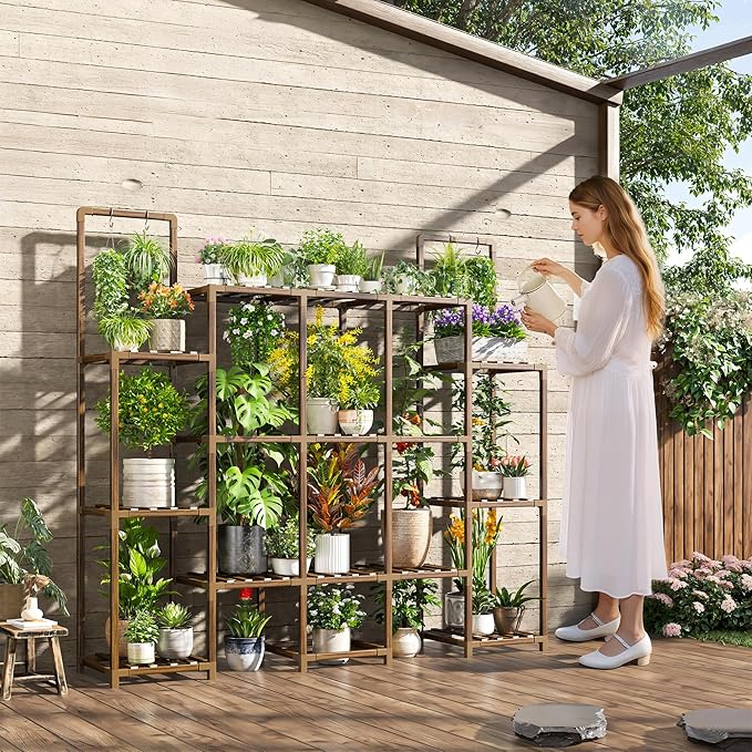 EnHomee Plant Stand Indoor Tall Plant Stand Outdoor Large Wood Plants Shelf with 16-20 Pots for Patio, Living Room, Garden, Balcony, 56.1" Wx47 Hx11.78 D