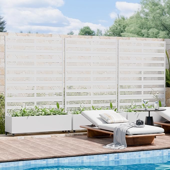 Casaphoria Metal Raised Garden Bed with Trellis and Wheels, 72"x47"x16" Arched Planter Box for Climbing Plants, Vegetables & Vines, Features Drainage Holes and Privacy Screen, White-Harold