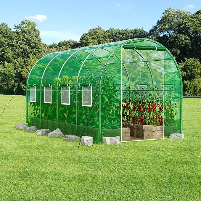 SPECILITE Walk-in Tunnel Greenhouse for Outdoors, 15×7×7 FT Heavy Duty Hoop House Kit with 8 Screen Windows, Thicken PE Cover & Galvanized Frame, Portable Large Green Houses for Outside, Winter, Green