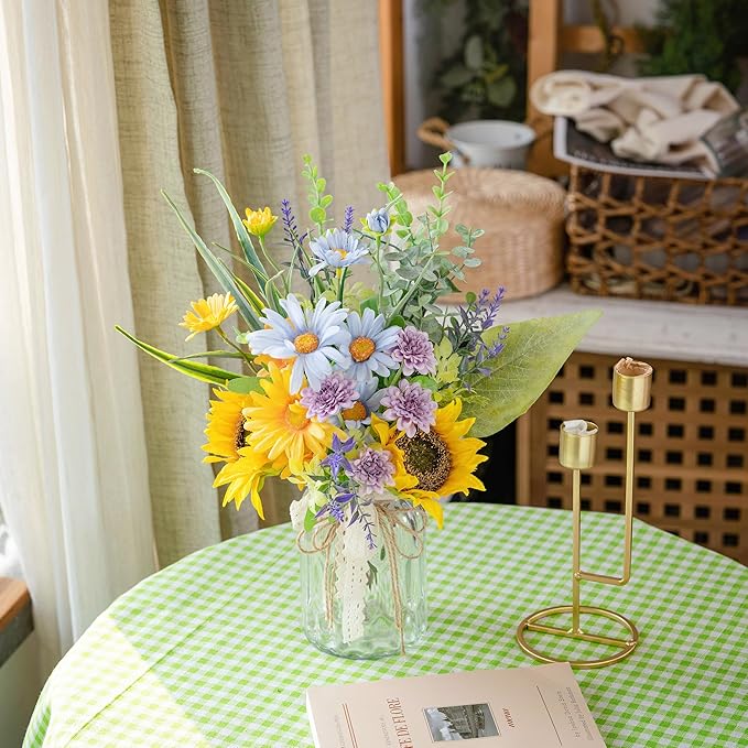 LUEUR Artificial Silk Sunflower with Vase Fake Flowers in Vase Centerpiece Coffee Table Decor, Fake Plant Blue Daisy Flower Arrangement for Spring & Summer Decorations Indoor Home Office Living Room