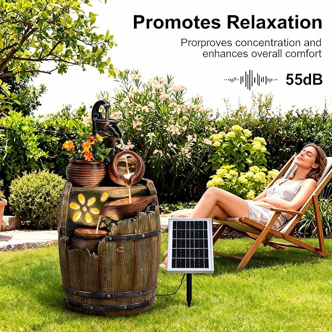 Solar Outdoor Water Fountain with Pump, 29 Inch High Rustic Barrel Cascading Waterfall Fountain, 3-Tier Garden Water Feature for Patio, Backyard, Yard & Outdoor Decor