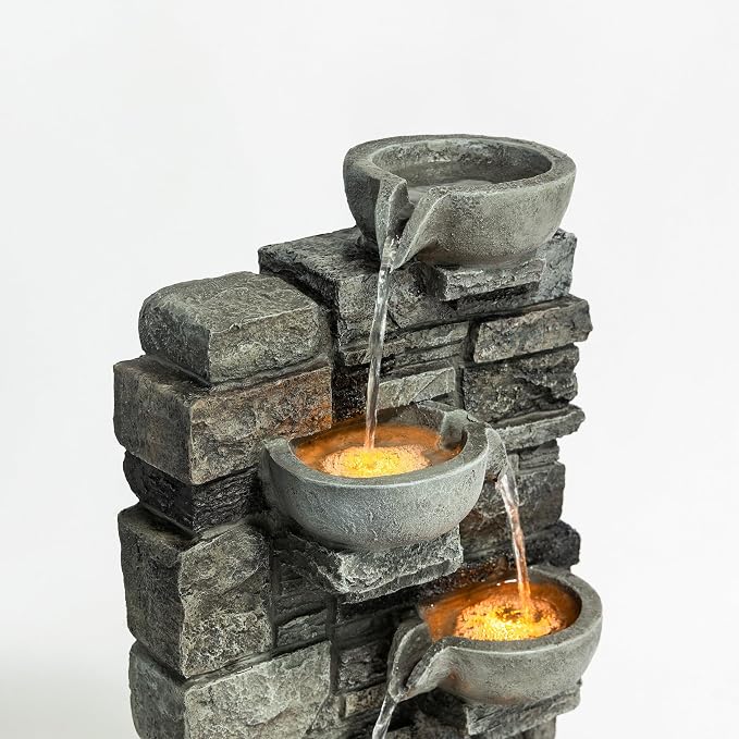 Teamson Home 28.5" Outdoor 4-Tier Stacked Stone Cascading Water Fountain with LED Lights, Gray
