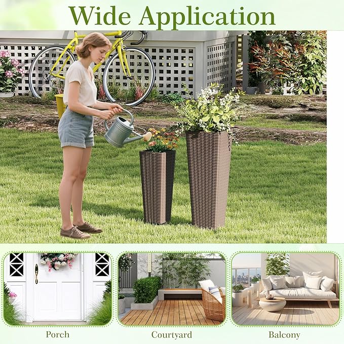 Giantex Set of 2 Planters for Outdoor Plants, Tall Tapered Plants w/Inner Trays, Drainage Holes, Decorative PP Flowerpots 32" & 24" Tall for Porch, Patio, Garden, Backyard, Indoors & Outdoors (Coffee)