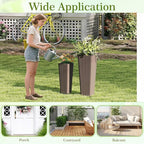 Giantex Set of 2 Planters for Outdoor Plants, Tall Tapered Plants w/Inner Trays, Drainage Holes, Decorative PP Flowerpots 32" & 24" Tall for Porch, Patio, Garden, Backyard, Indoors & Outdoors (Coffee)