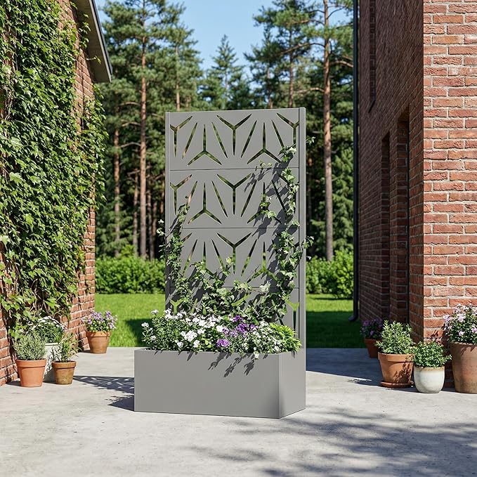 Casaphoria Metal Raised Garden Bed with Trellis, 59"x30"x12" Planter Box for Climbing Plants, Vegetables & Vines, Features Drainage Holes and Privacy Screen, Grey-Star