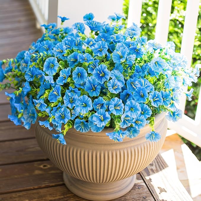 HyeFlora Artificial Fake Outdoor Flowers Plants for Spring Summer Decor, 12 Bundles Outside Silk Blue Morning Glory UV Resistant Look Real Faux Flowers for Front Door Patio Porch Yard Window Balcony