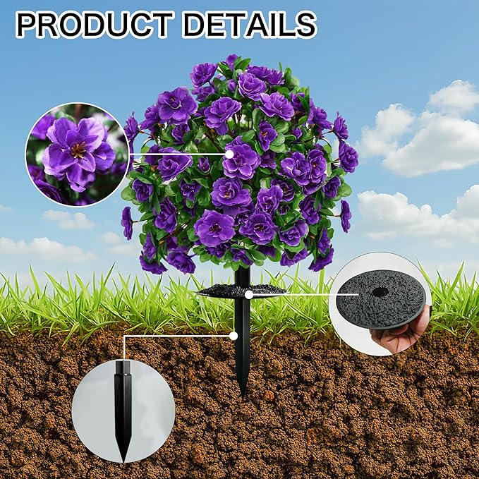 Artificial Flowers for Outdoors, Faux Outdoor Plants Fake Plants Topiary Balls Artificial Outdoor Set of 2 with Ground Spike for Home Front Porch Patio Garden Decor (Purple)