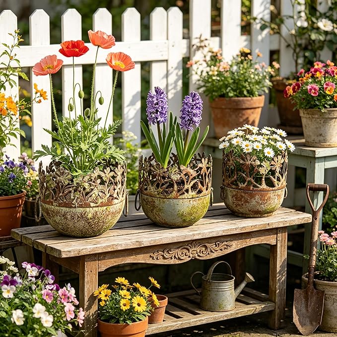 3 Piece Vintage Metal Planter Set, Rustic Distressed Farmhouse Flower Pots with Handles for Indoor Outdoor Garden, Tabletop Centerpieces & Wedding Decor