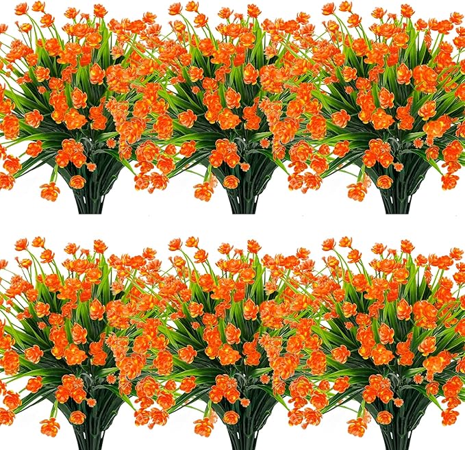 12 Bundles Artificial Flowers for Outdoors Spring Summer Decorations, UV Resistant Fake Mums Realistic Fake Plants Faux Plastic Flowers for Outdoor Indoor Home Gardens Porch Fall Decor(Orange Red)