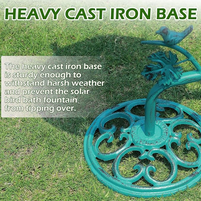 25.8" H Solar Bird Bath Outdoor, Cast Iron Solar Fountain Bird Bath with Bubbler, Vintage Pedestal Metal Bird Bath Bowl for Garden Patio Yard Lawn Decor