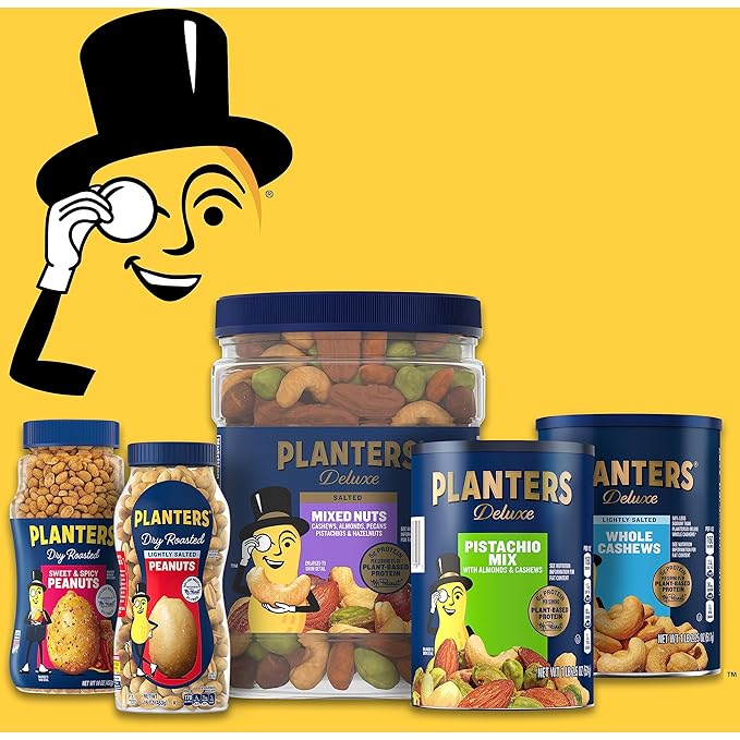 PLANTERS Deluxe Salted Mixed Nuts, Roasted Cashews, Almonds, Pecans, Pistachios, and Hazelnuts, Party Snacks, Plant-Based Protein, Quick Snack for Adults, After School Snack, 34oz Container