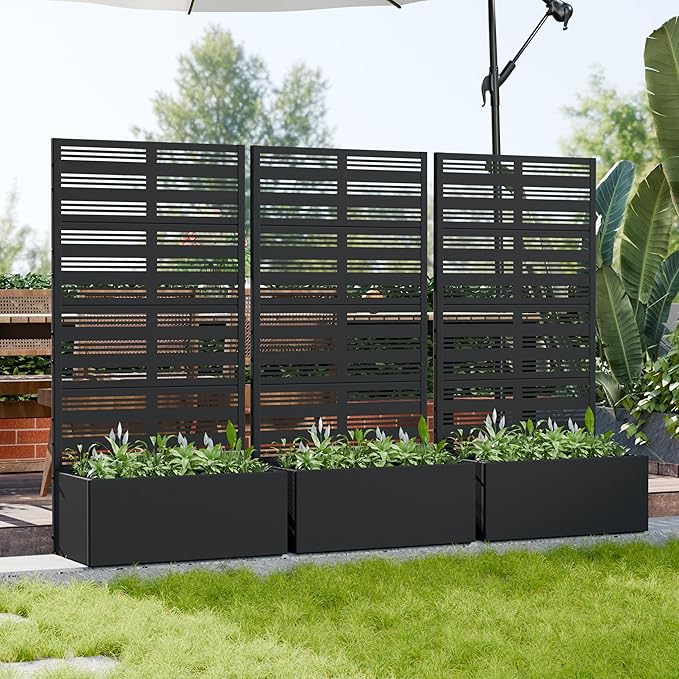 Casaphoria Metal Raised Garden Bed with Trellis, 59"x30"x12" Planter Box for Climbing Plants, Vegetables & Vines, Features Drainage Holes and Privacy Screen, Black-Harold