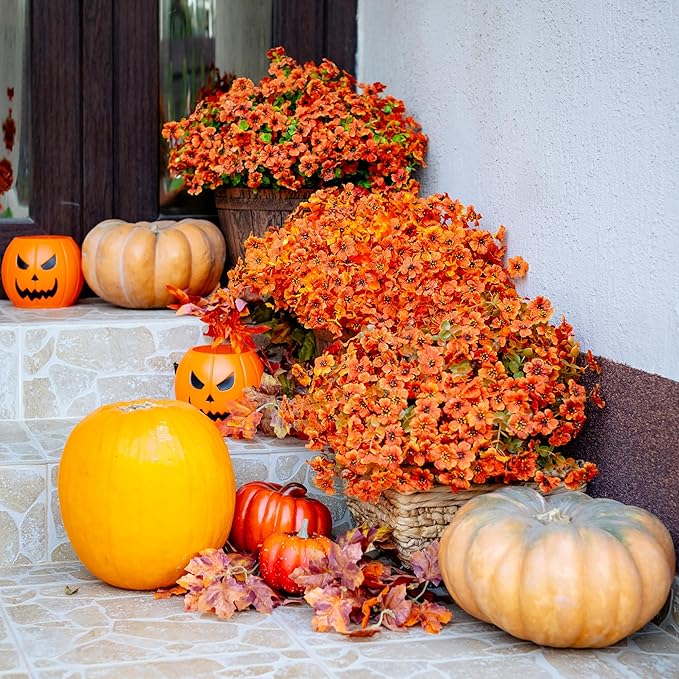 AXYLEX Artificial Fall Flowers Outdoor Fake Mums - 16 Bundles Fake Plants UV Resistant No Fade Faux Plastic Greenery Garden Porch Patio Fall Home Decor (Red Orange16)