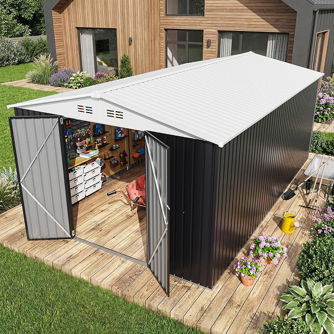 Polar Aurora 10x16 Outdoor Storage Shed, Garden Shed with Updated Frame Structure and Lockable Doors, Metal Tool Sheds for Backyard Garden Patio Lawn, White